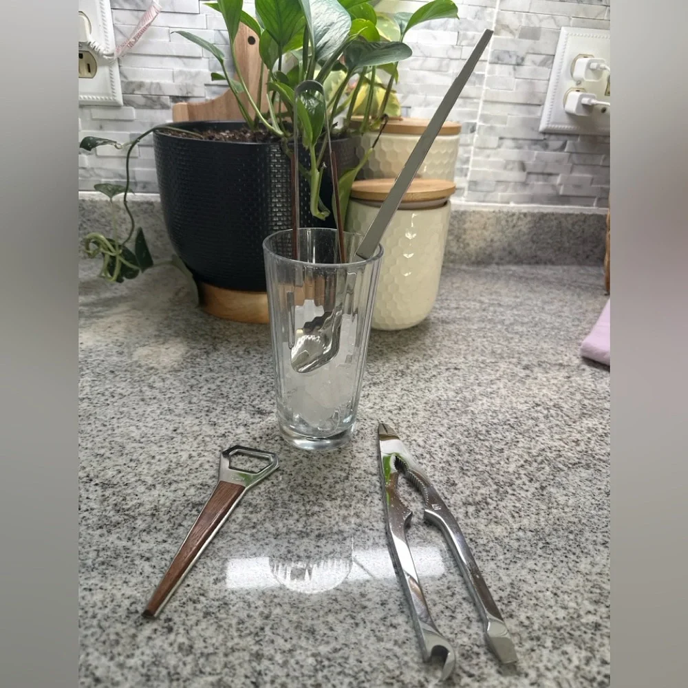 Vintage Mid Century Stainless Steel Cocktail Bar Tool Set Wood Handle MCM‎